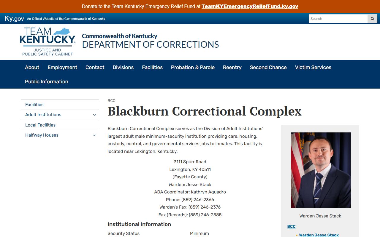Kentucky DOC Blackburn Correctional Complex facility page