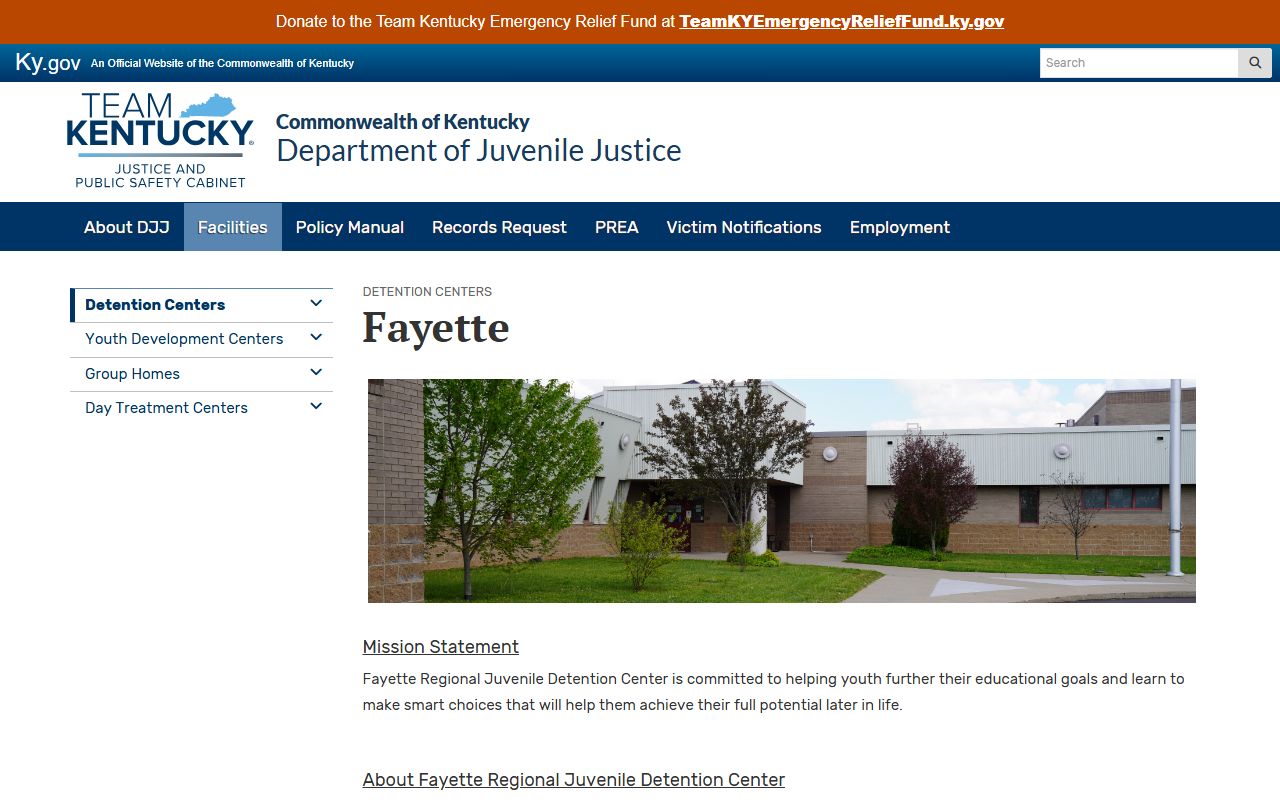 Kentucky DJJ Fayette Regional Juvenile Detention Center page