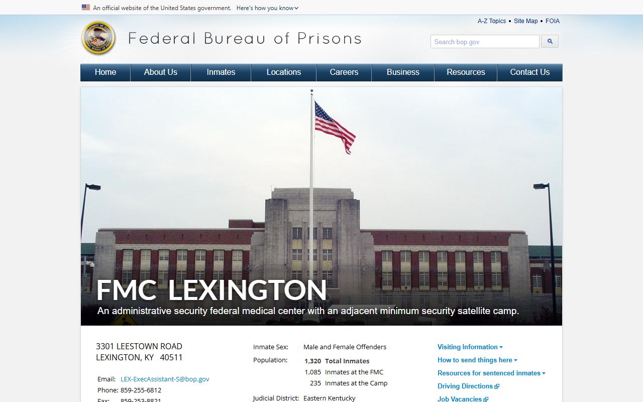 Bureau of Prisons FMC Lexington facility page